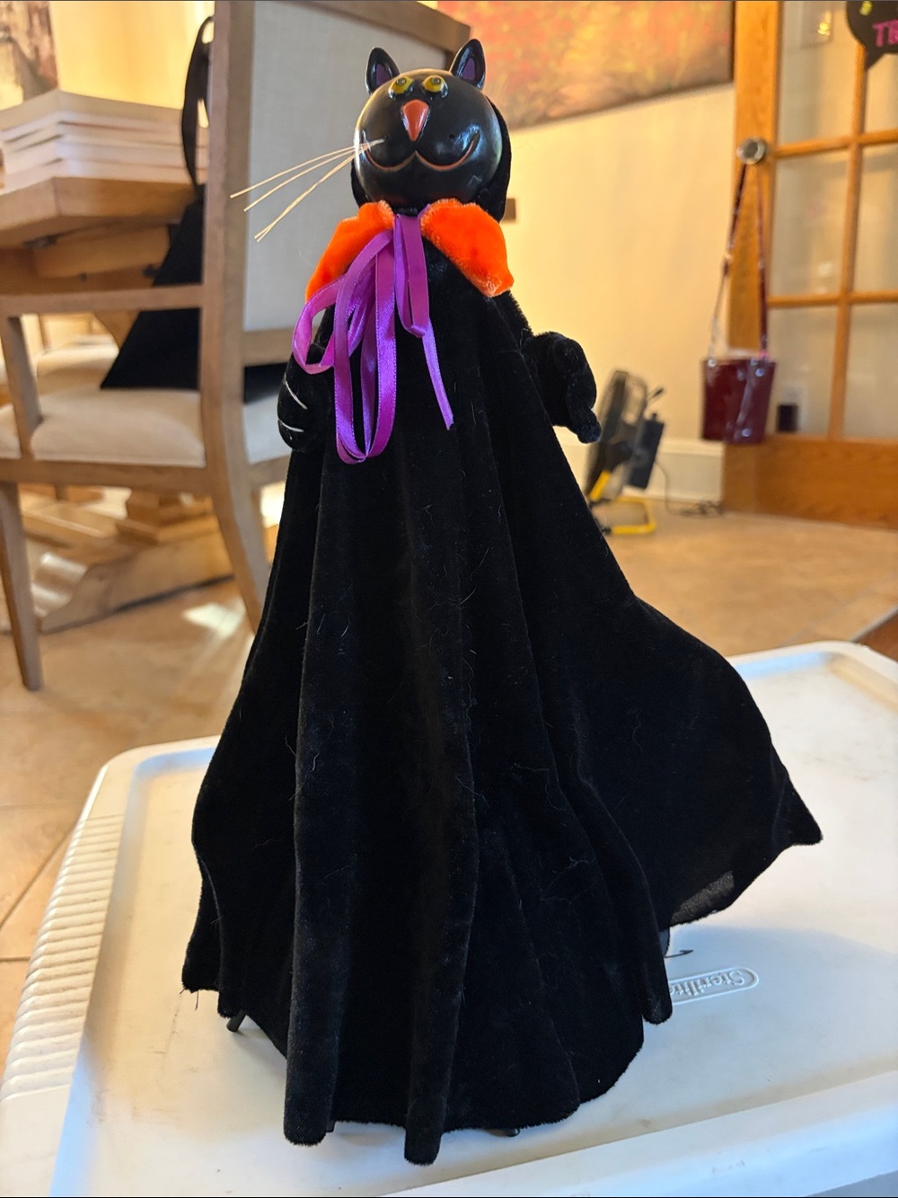 Black Cat Plush Halloween Toy with Orange Collar and Purple Ribbon